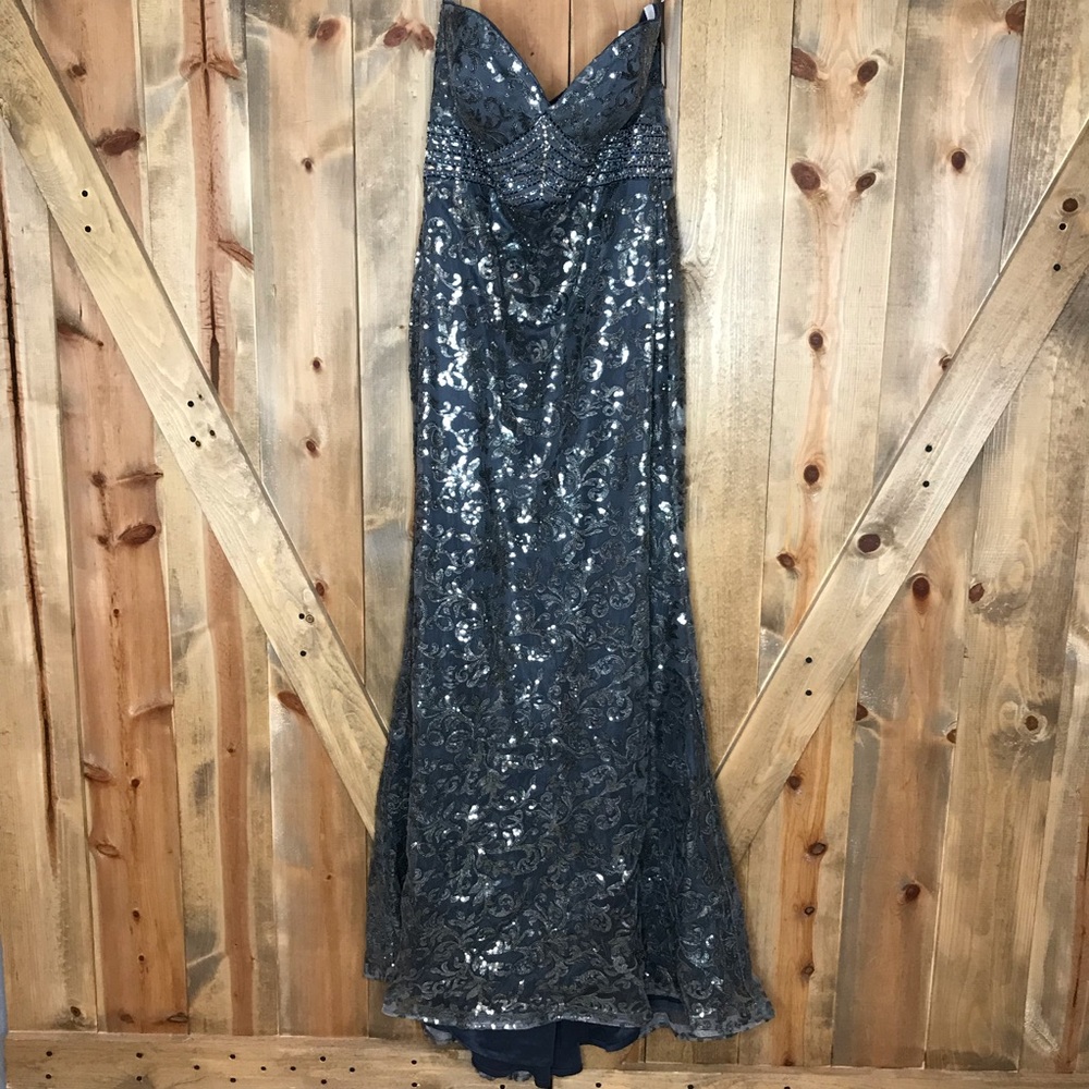 Madison James Strapless Pewter Prom Formal Dress - Picture 2 of 8